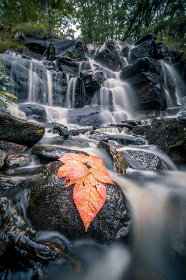 Bilde av foss tatt med langsom lukkerhastighet, 6 sek